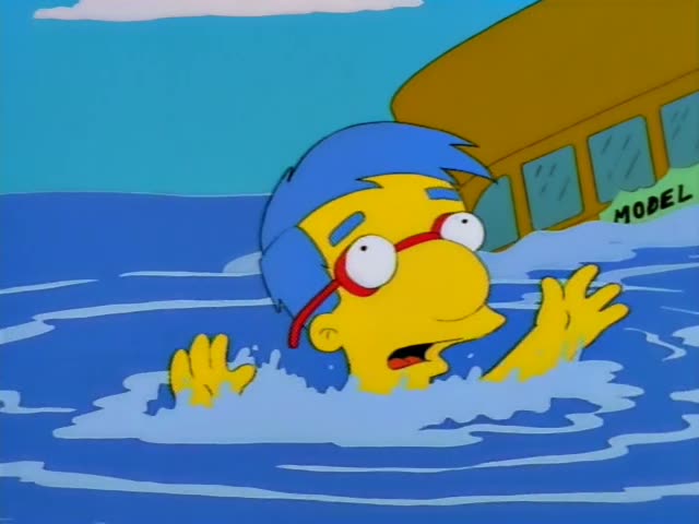 Milhouse flails and calls for help in open water as Bart grabs him from behind to keep him afloat