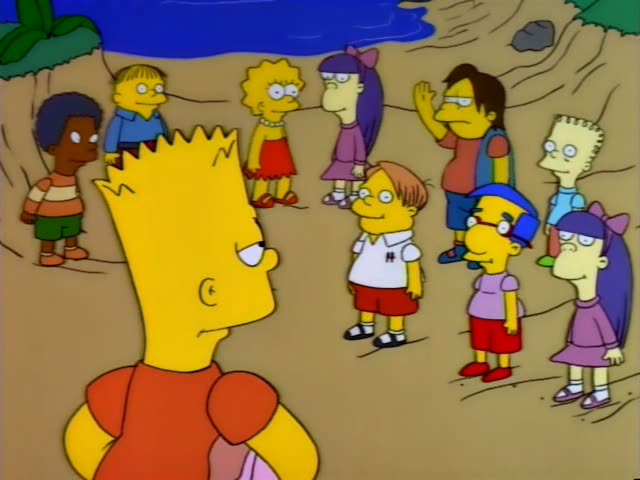Bart Simpson stands in the foreground facing a group of children on a sandy beach beside a blue lake, with Nelson…