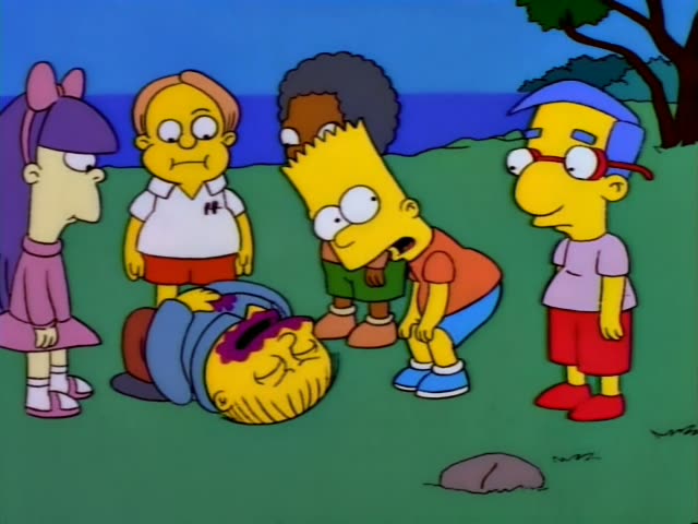 Bart Simpson leans over and speaks while Milhouse stands at the right, and Lisa stands at the left