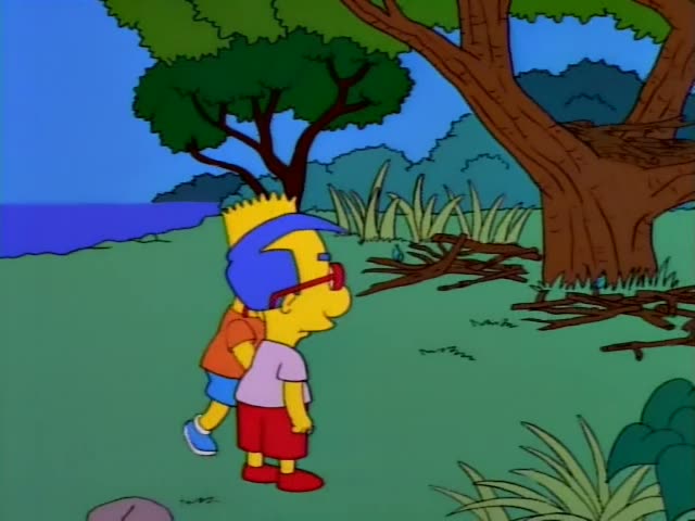 Bart Simpson and Milhouse stand talking on a grassy island shore beside a large tree and a pile of driftwood