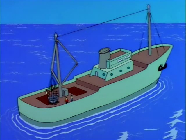 On the deck of a light green fishing boat at sea, three men work a large net: a man in a grey shirt and green pants…