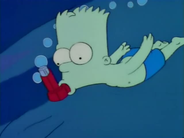 Bart Simpson swims underwater through a deep blue sea, passing small fish and bubbles