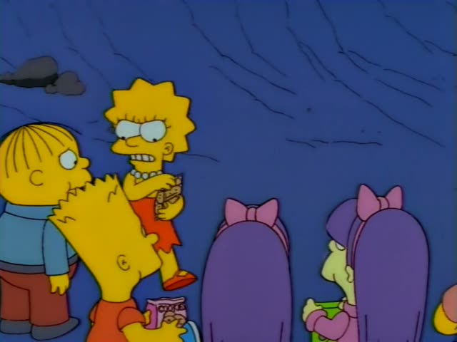 Lisa Simpson in her red dress and pearl necklace, Bart Simpson in his orange shirt, a blond bowl-cut boy in a blue sweater…