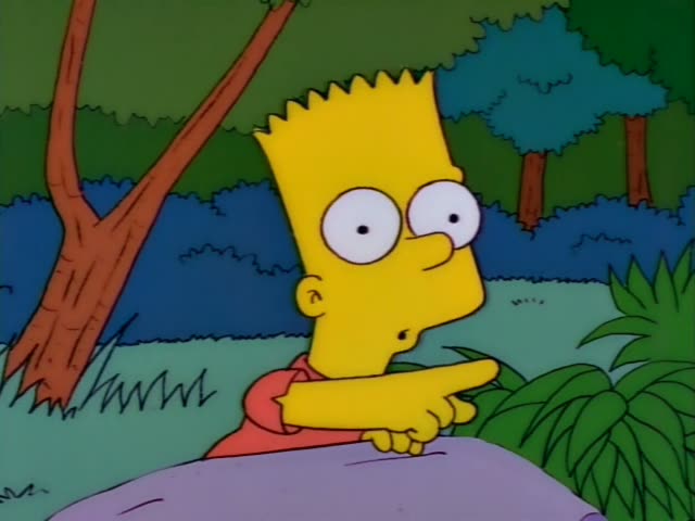 Bart and Lisa Simpson stand by a purple rock in a leafy forest clearing, with Bart pointing and Lisa looking worried before…