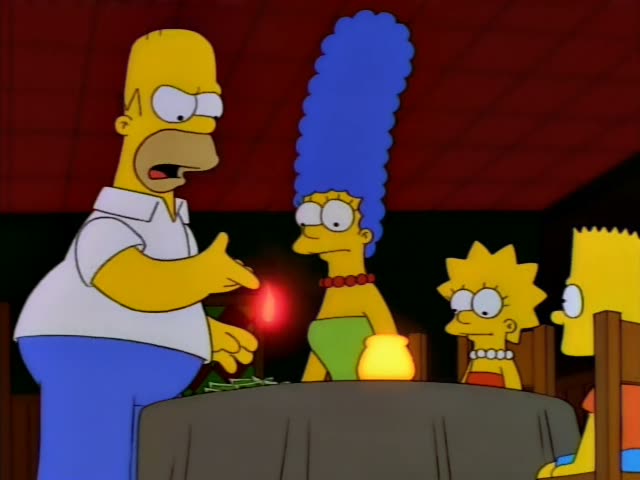 Homer Simpson, Marge Simpson, and Lisa Simpson sit and stand around a dining table with a glowing yellow lamp in a dim…