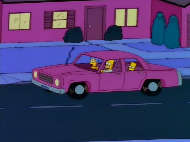 Homer, Marge and Bart ride in a pink sedan driving down a suburban street lined with pink houses and hedges, with Homer…