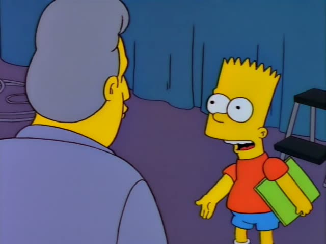 Bart Simpson stands holding a green flyer across from a heavyset man with swept-back grey-blue hair, a pink sweater…
