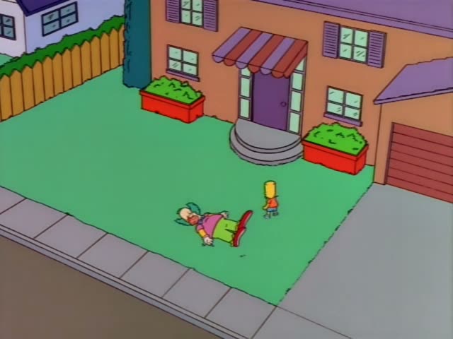 Bart Simpson drags the limp Krusty the Clown, with his green hair, red nose and purple suit, across the green front lawn…