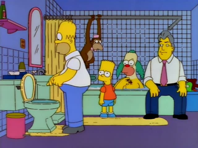 Homer stands at a green toilet and lifts its seat while Bart watches beside a tub where Krusty sits holding a cigar
