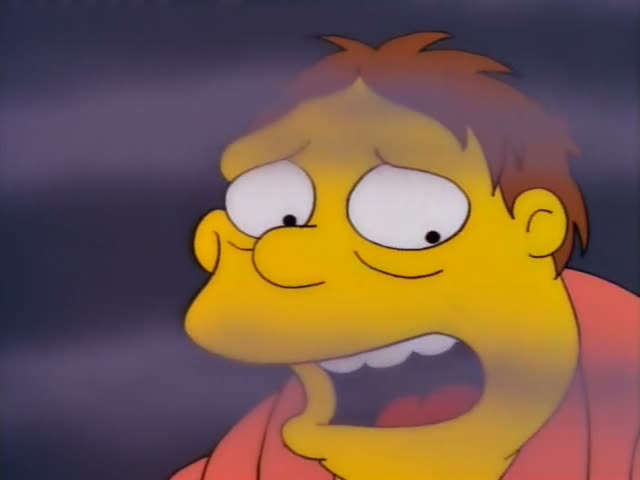 Barney first appears in a close-up, wide-eyed and worried, as flames fill the space behind him and bottles glow on a bar…