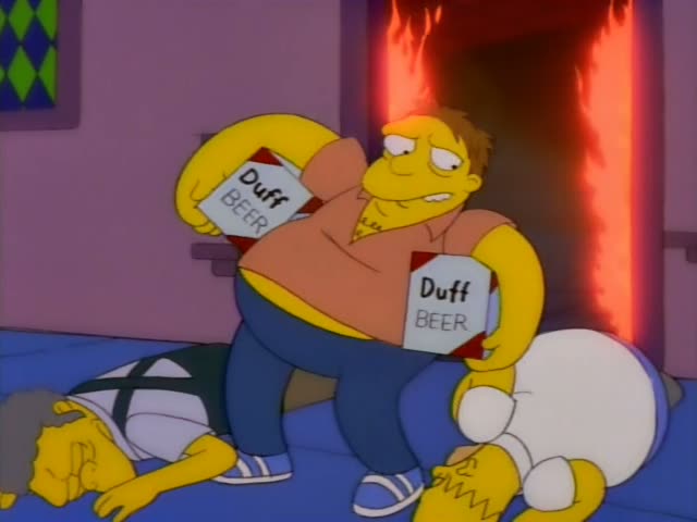 Barney is at first leaning over Duff Beer cases next to Moe and Homer, in his white shirt and undershorts, who are sprawled…