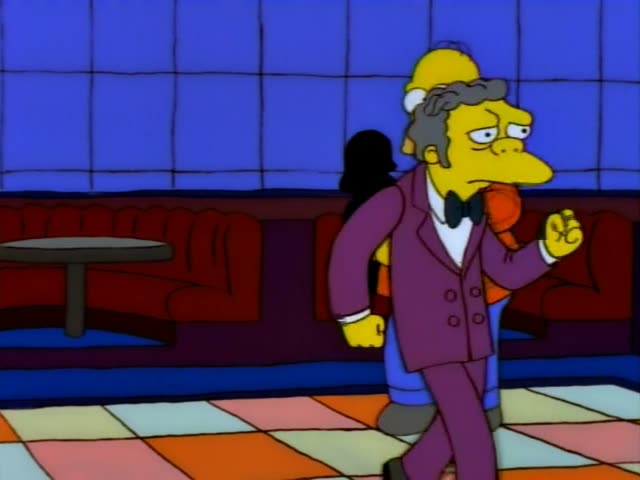Homer stands on a checkered floor in a lounge with red booths and blue tiled walls, while Moe talks to him and points