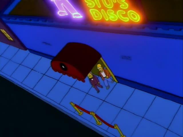 Homer and Moe are on a blue-tiled sidewalk beneath the red scalloped awning of Stu's Disco, with its pink and orange neon…