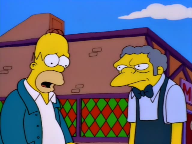 Homer and Moe stand outside a brick building with diamond-patterned windows and a partly visible red sign