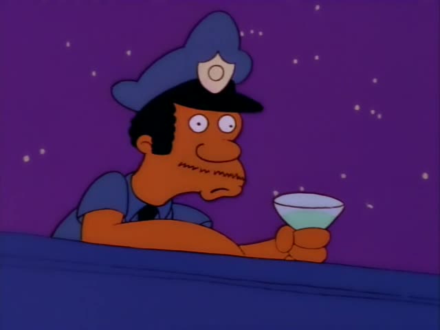 A fat police chief in a blue cap and a thin older man in a white captain's cap lean out of a car window together, the older…