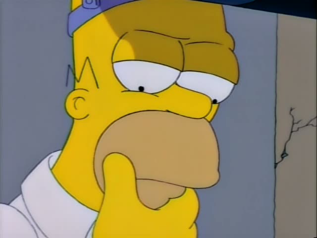 Homer Simpson is hunched over a white water heater in a basement, first gripping a wrench to its fitting and then swinging…