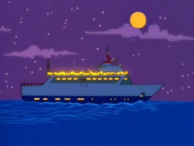 No characters are identifiable in this moment; the scene shows a lit-up cruise ship with a red Santa hat on its upper deck…