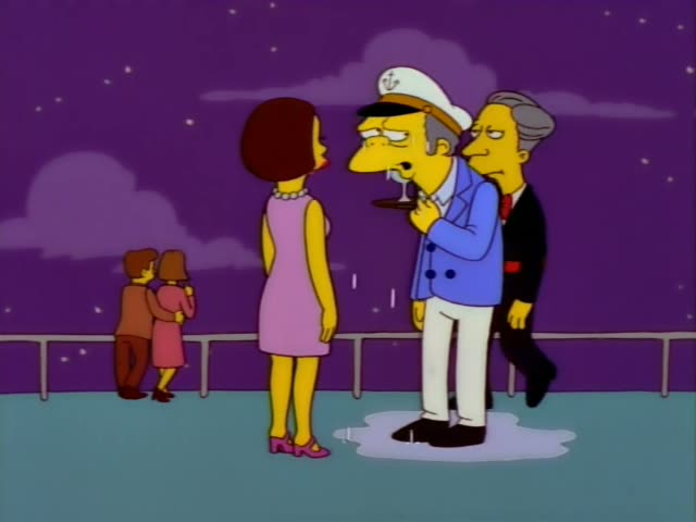 On the deck of a ship at night, a stooped, thin old man in a captain's cap and blue jacket, identified as Mr. Burns, stands…