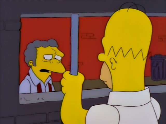 Moe peers through a small barred window at Homer, who stands outside in a white shirt and holds a blue bar with one hand