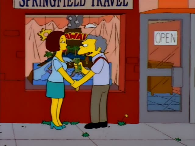 Moe walks outside Springfield Travel with a brunette woman in a light blue top and teal skirt, holding cash in his hand…