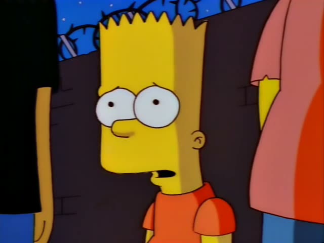 Bart Simpson stands before a prison yard wall topped with barbed wire, first grimacing and wincing with his eyes squeezed…