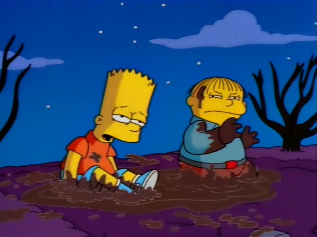 Bart and a blue-shirted boy sit muddy in a purple pit while Homer stands at a fence with a long-haired figure in a green…