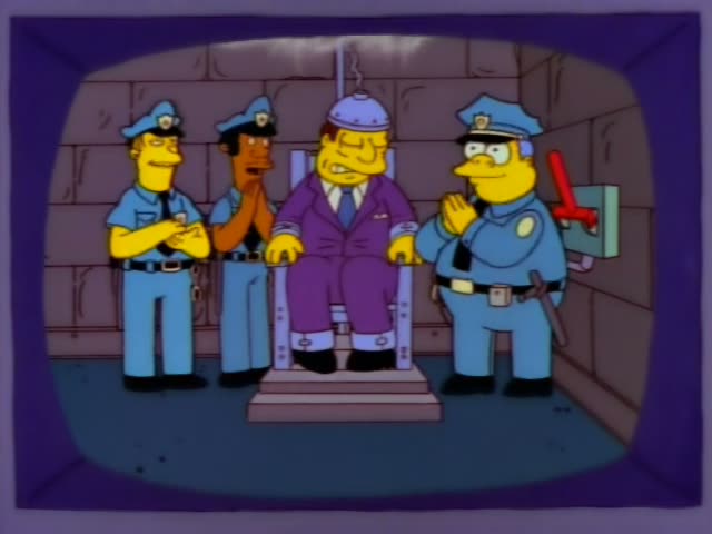 Chief Wiggum stands at the right beside a red wall-mounted lever, while two other police officers, one with spiky yellow…