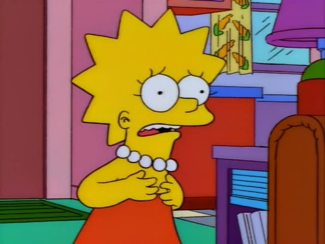 Lisa, Bart, Maggie, Marge, Homer and Ralph Wiggum are gathered in a pink living room, with the brown couch and a purple lamp…