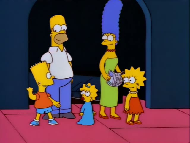 Homer, Marge, Bart, Lisa and Maggie stand together in an arched doorway with a dark interior and a pink floor