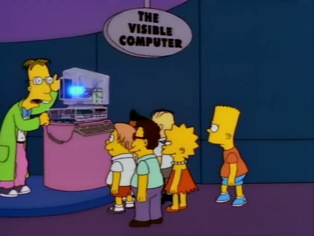 Bart and Lisa stand with a group of onlookers, including a man with spiky black hair, a heavy man in suspenders and a red…
