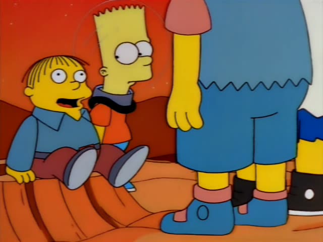 Homer holds up a blond boy in a blue shirt to a giant yellow ear labeled THE EAR on a blue wall, while Bart watches…