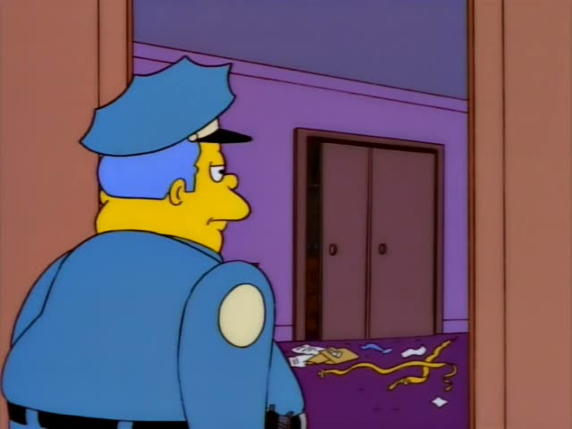 Chief Wiggum stands in a doorway peering into a purple-walled bedroom with a television on a dresser, a pair of closet…