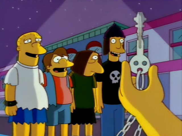 Homer stands with three other figures outside a pink-and-teal storefront under a purple night sky: a boy with brown hair…