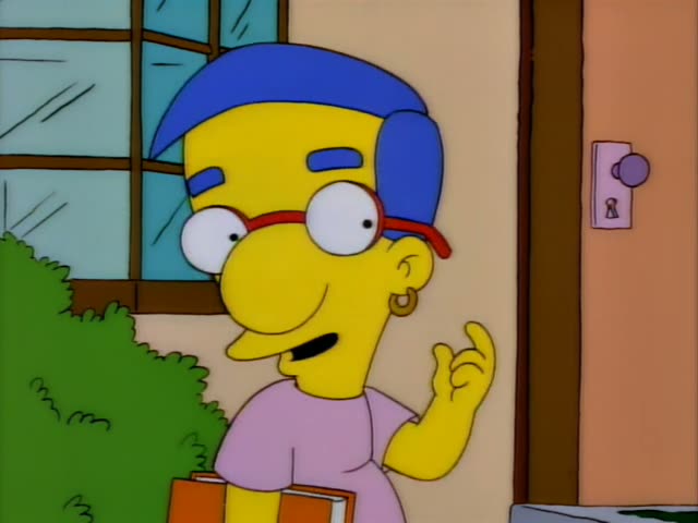 Milhouse stands beside a green hedge and a door with a pink knob while holding a stack of orange books