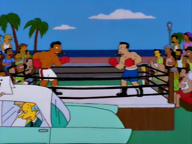 Homer and Mr. Burns sit in the back of a teal taxi with a mustached driver in a lavender shirt, the car bearing a TAXI sign…