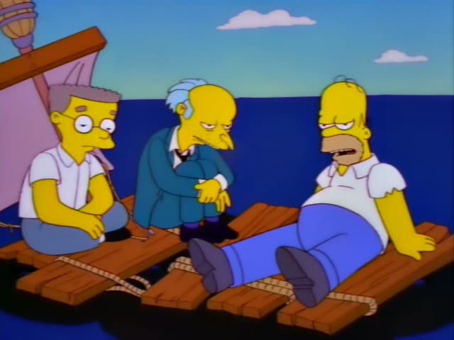 Homer Simpson lies back on a wooden raft lashed with rope on open blue sea, grimacing and then talking with his mouth open…