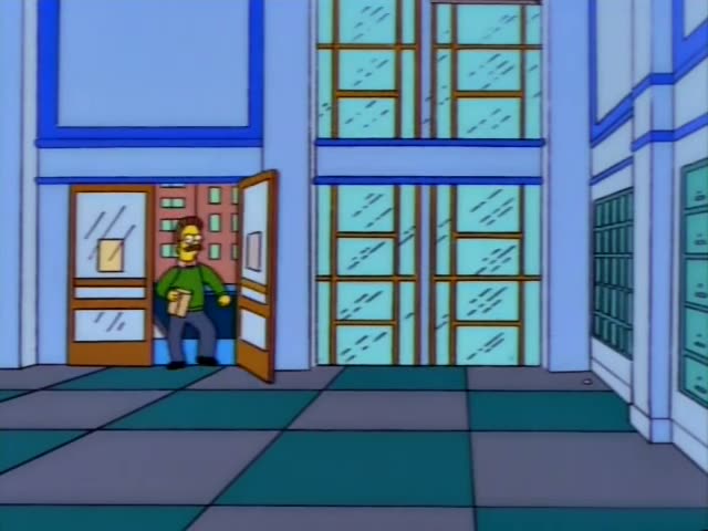 Ned Flanders climbs the steps of the Springfield Post Office carrying a brown paper parcel, then crosses the tiled lobby…