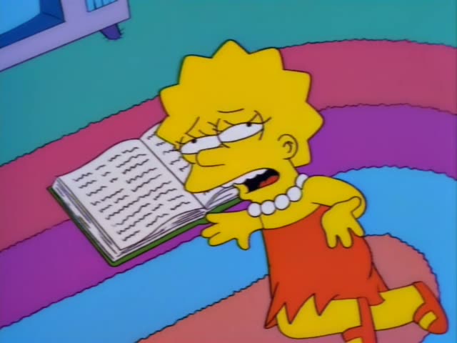 Lisa Simpson lies sprawled on a rainbow-striped rug beside an open book, her mouth opening and closing as she speaks