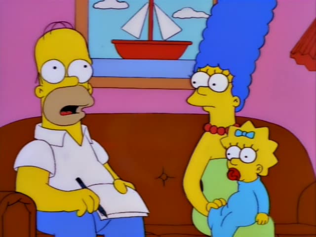 Homer sits on a brown couch in a pink living room, first writing on a notepad with a pen and then gesturing with a raised…