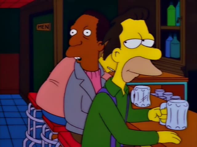 Carl sits at the bar in Moe's Tavern beside a brown-haired man in a green shirt holding two beer mugs, while Carl's eyes…