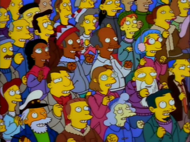 Homer Simpson in a green jacket, Marge with her tall blue beehive holding baby Maggie, Lisa in a pink coat, and Bart…