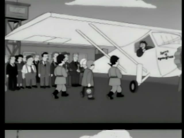 Mr. Burns leans from the cockpit of a small white plane on an airfield while clutching a black case with a seal on it
