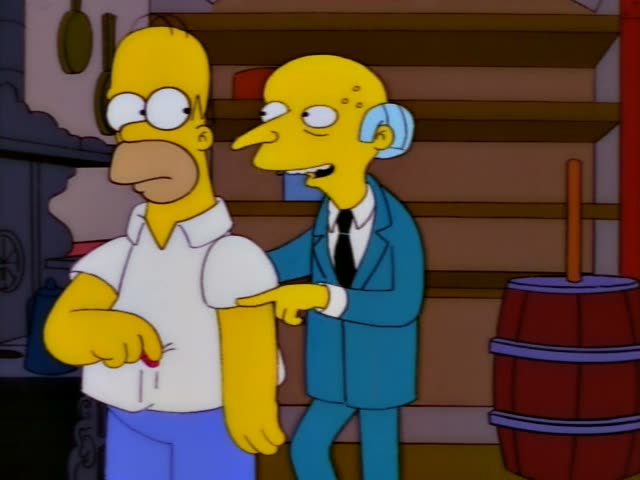 Homer Simpson and Mr. Burns stand together in a kitchen pantry with wooden shelves, pots, and a wooden barrel at the right