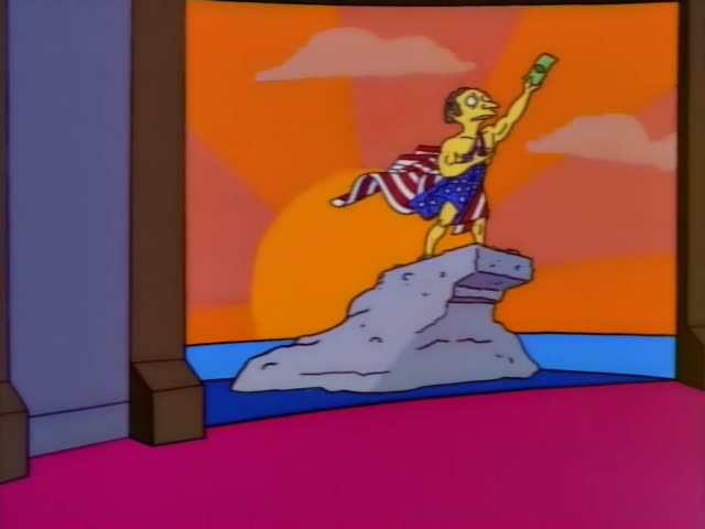Homer stands beside Mr. Burns, a frail, very thin, stooped old man with a hooked nose and grey hair at the sides, dressed…