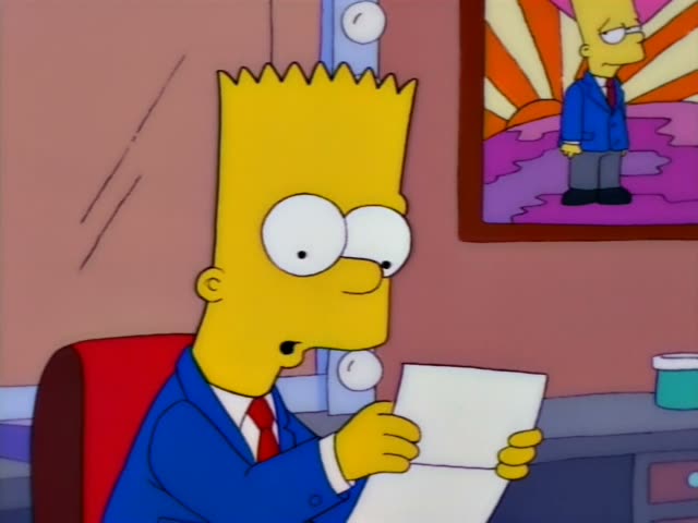 Bart Simpson sits in a red chair at a desk and reads a sheet of paper held in both hands, his eyes darting across it…