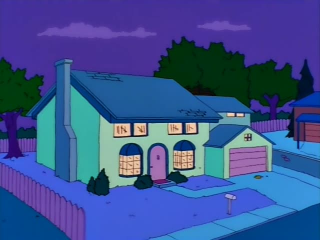 Lisa Simpson appears in the first frames of a house exterior at dusk with its garage and fence