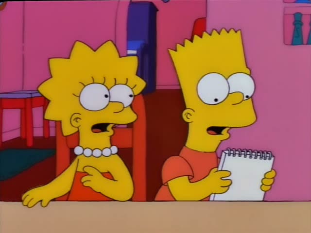 Lisa Simpson and Bart Simpson sit together at a table in a pink room, with a red stool and a purple cabinet behind them