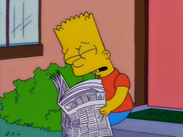 Bart Simpson sits on a front step beside a green bush and a welcome mat while reading a large newspaper