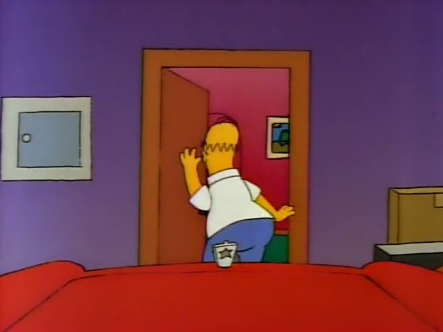 Homer gestures with an open hand in a purple room beside a red couch and a cup, then he, Marge with her tall blue beehive…
