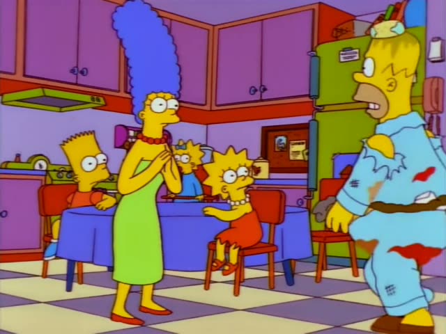 Marge with her tall blue beehive, Bart, and Lisa in her red dress and pearl necklace are in a purple kitchen, while Homer…